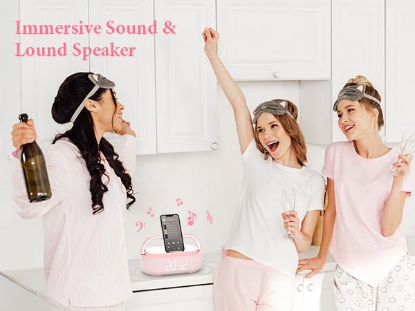 Bluetooth Speaker Alarm Clock with Wireless Charger, LED Night Light, 2500mAh Battery PINK SPEAKER