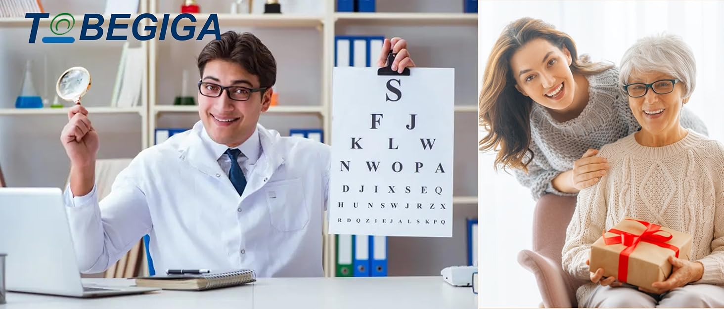 Medical office scene featuring eye examination equipment and vision test chart, with Tobegiga brand name visible.