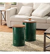 glitzhome Rustic Storage Ottoman Seat Stool, Farmhouse Nesting Table, Galvanized Barrel Metal Acc...