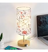 Bedside Touch Lamp, Wood Small Table lamp with 2 USB Charging Ports &amp; Flower Fabric Shade, 3-Way ...