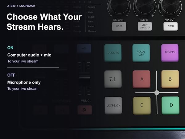 XT320 loopback on: computer audio and mic. Off: mic only.