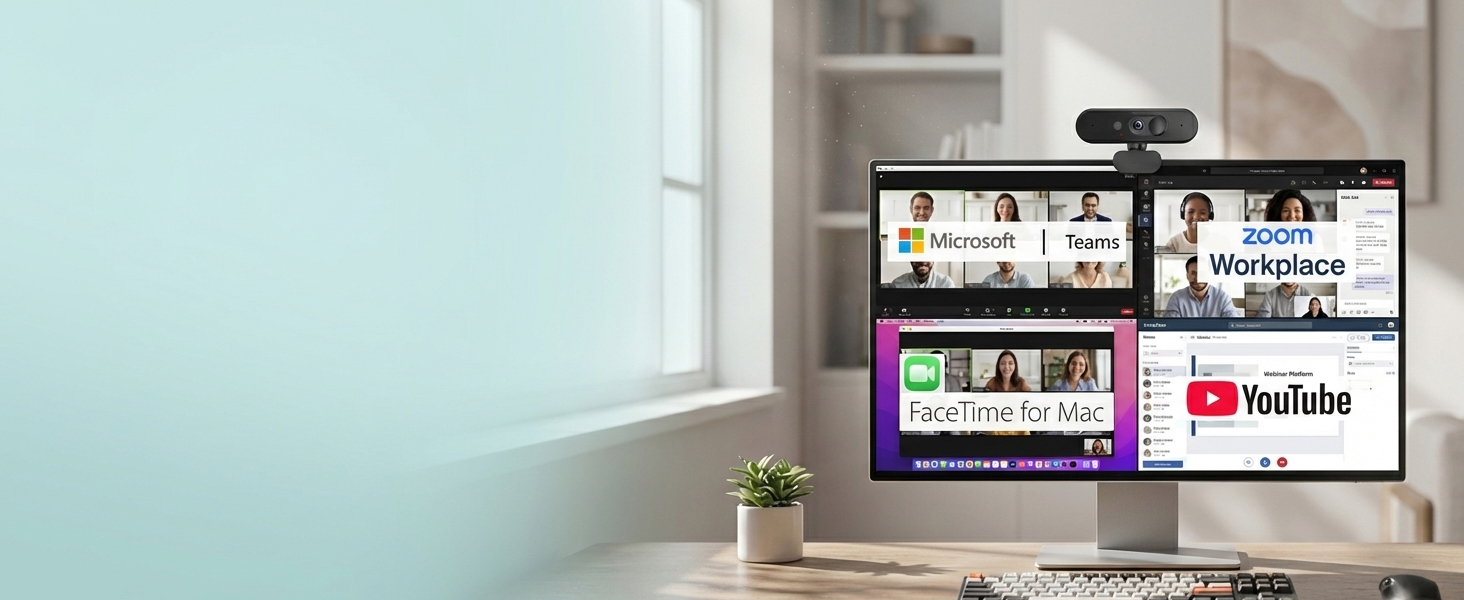 Modern desk setup with multiple computer monitors displaying social media interfaces. YouTube logo visible on one screen. Clean, minimalist workspace with white desk against light blue wall.