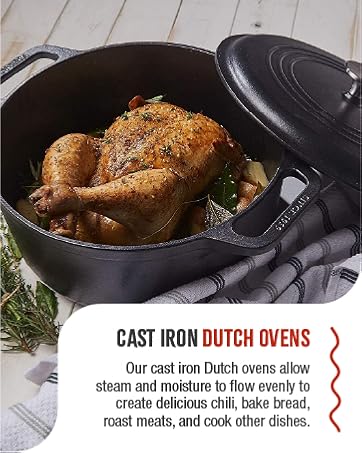 A cast-iron Dutch oven sitting on a table with the lid off. Text reads: Dutch
