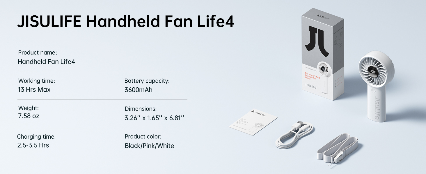 White handheld fan with specifications: 3600mAh battery, 3.5-21 hrs runtime, 7.05 oz weight. Includes charging cable and additional parts. Product and packaging visible.