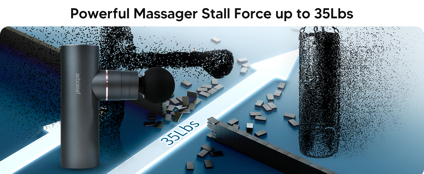 Massage gun demonstrating 35lbs stall force breaking through blocks