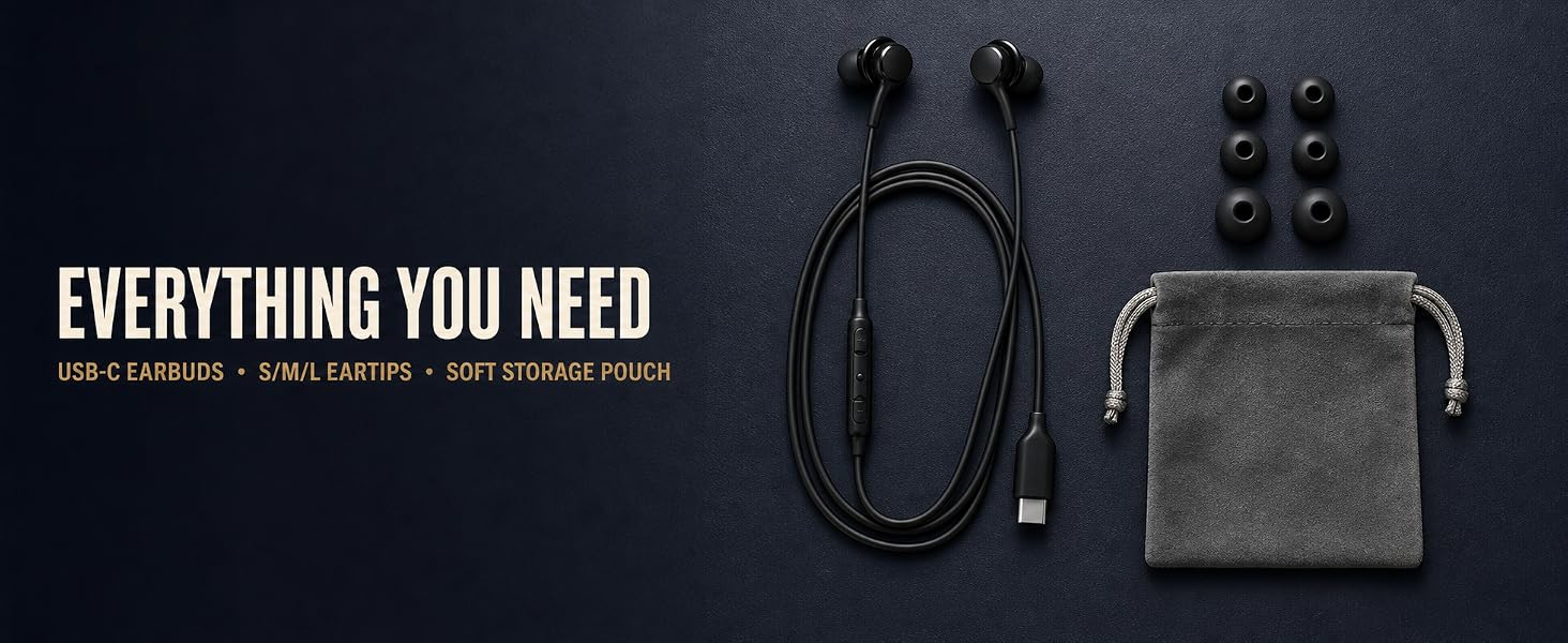 Black USB-C wired earbuds with six S/M/L silicone eartips and a soft grey drawstring storage pouch.