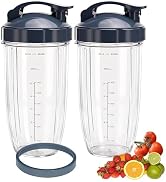 [UPGRADE] 2-pack 32oz Replacement Blender Cups with Flip-Top To-Go-Lid Compatible with NutriBulle...