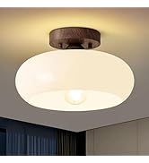 WOKNOS Mid-Century Modern Semi Flush Mount Ceiling Light, Faux Walnut Wood Kitchen Light Fixtures...