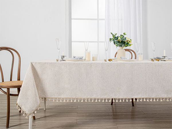 Wrinkle Free Table Cover with Beige Tassels for Kitchen Dining, Party