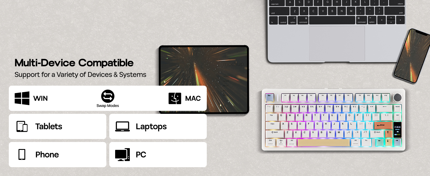 Text reads 'Multi-Device Compatible', 'Phone', 'PC', 'Laptop'. Series of images showing RGB backlit keyboard with device connection options interface.