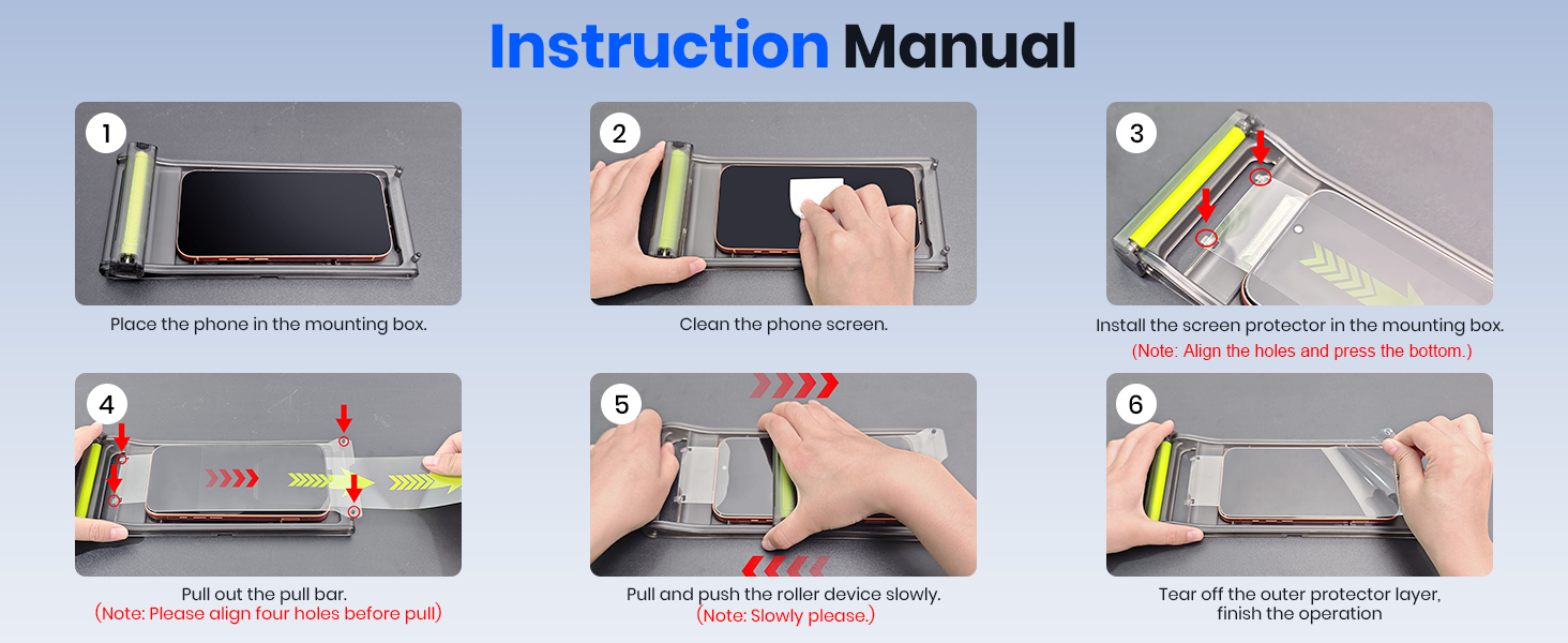 Detailed six step instruction manual for applying screen protector with alignment tool.
