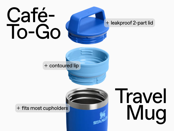 Cafe-To-Go Travel Mug with leakproof 2 part lid, countoured lip, and fits most cupholders