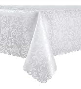 HommxJF Wave Scroll Damask Jacquard Rectangle White Tablecloth 60"x84",Wipeable Table Cover for D...