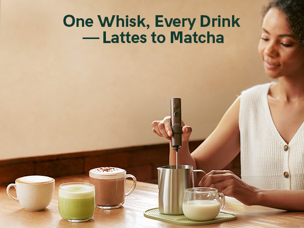 Text reads "One Whisk, Every Drink – Lattes to Matcha". Woman using metal whisk tool with milk frother pitcher, demonstrating beverage preparation with multiple drinks displayed.
