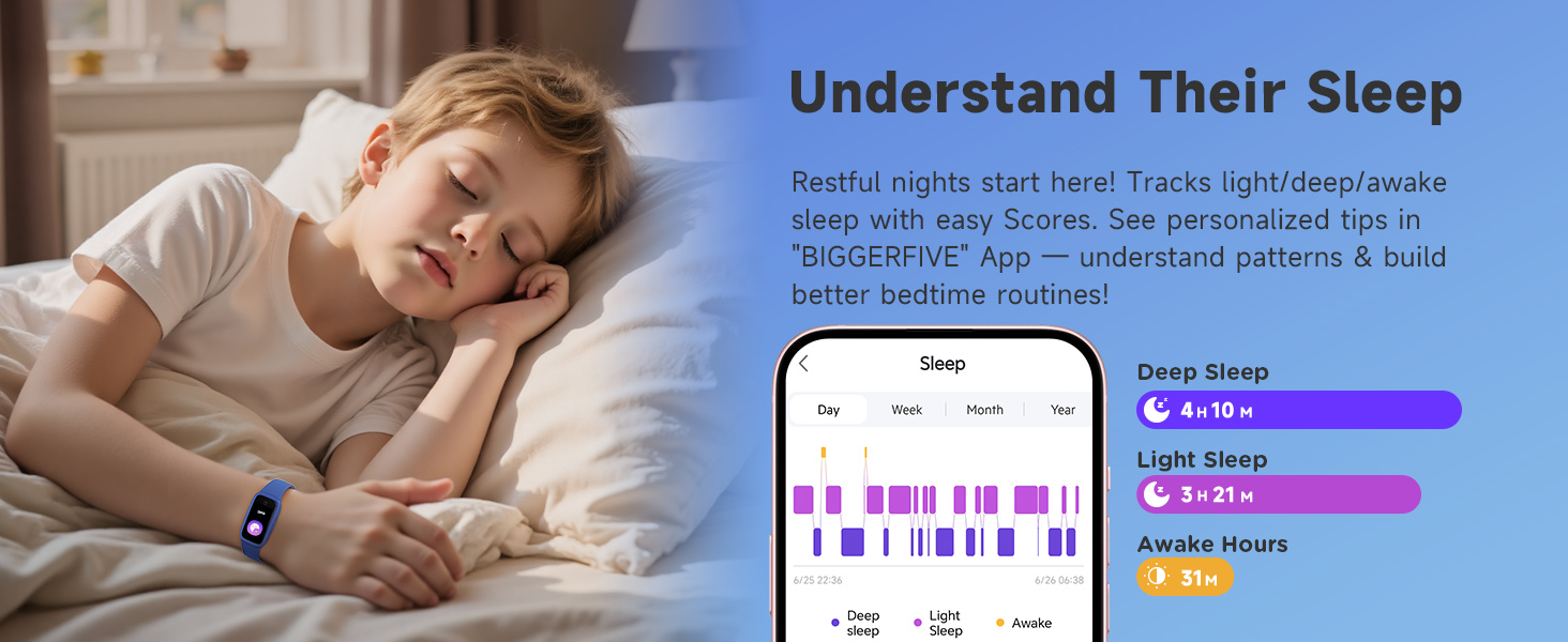 Text reads 'Understand Their Sleep'. Sleep tracking interface showing colored graph bars and sleep cycle data visualization next to image of sleeping child.