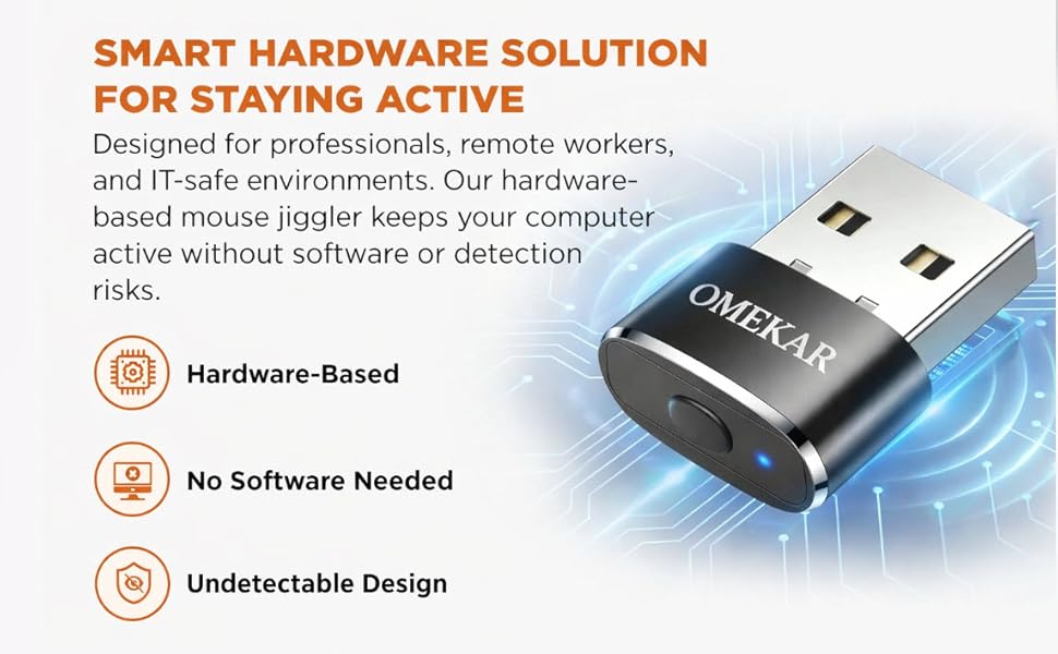 OMEKAR USB mouse jiggler shown with LED indicator, hardware-based device plugged into a USB port.