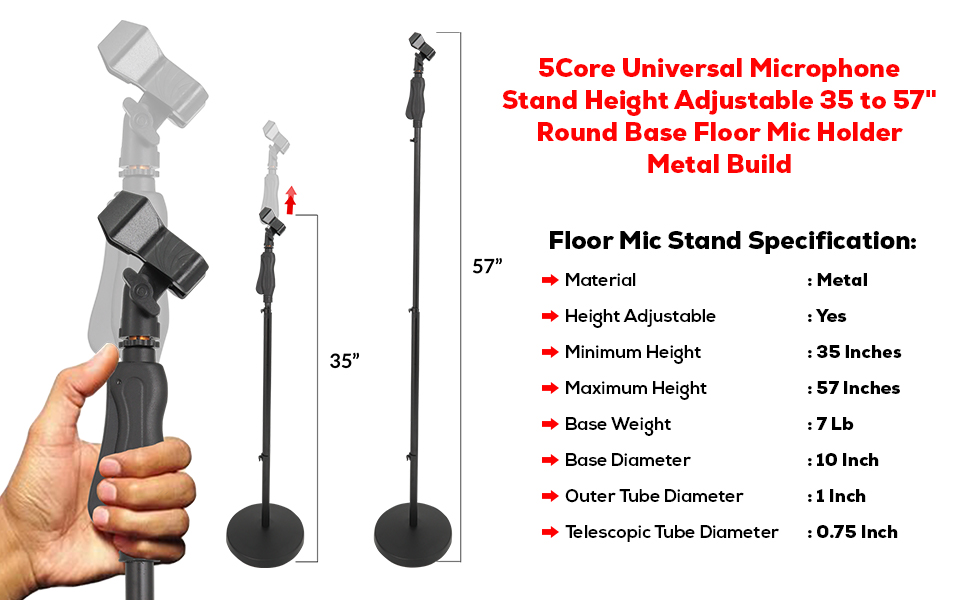 Universal Microphone Stand, Round Base Floor Mic Holder, Height Adjustable Mic Stand