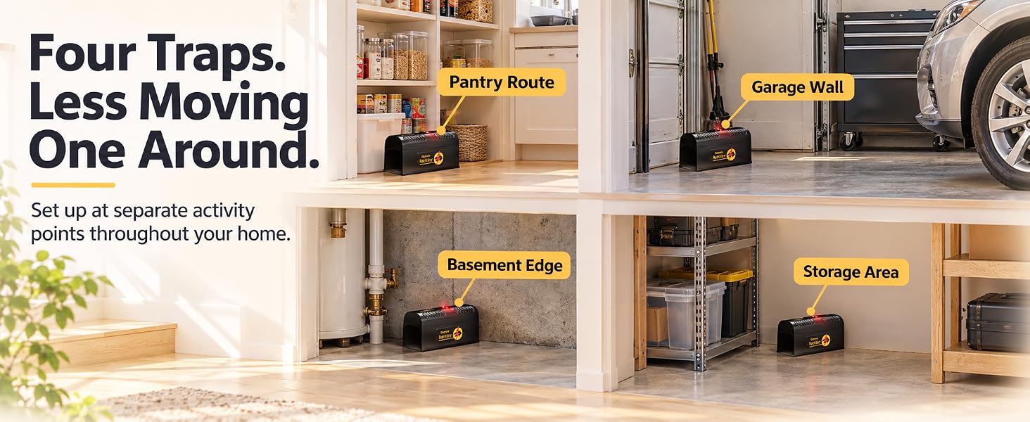 Four electric traps positioned at separate indoor rodent activity points across a home.