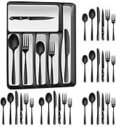 Black Silverware Set with Steak Knives, Flatware Set Organizer Drawer Tray Kitchen Utensils Table...