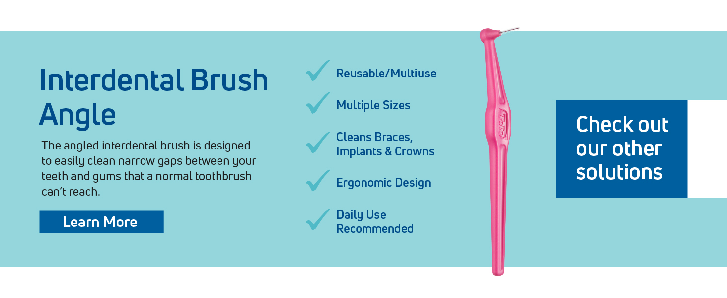 A tooth-cleaner brush. Text reads: Angle brush cleans narrow gaps between teeth. 