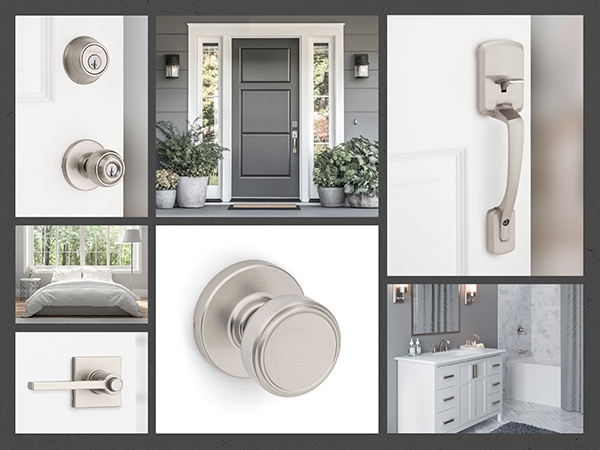 A collage of Kwikset Security products alongside light, stylish home interior and exterior images.