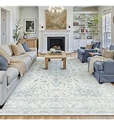 HUGEAR Area Rug 8x10 Vintage Blue Machine Washable Living Room Rugs Thin Neutral Floral Vacuumabl...