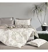 LEMIROE Vintage Botanical Cotton Comforter Queen Size 3PC - Elegant Floral Sketch on Ivory White ...