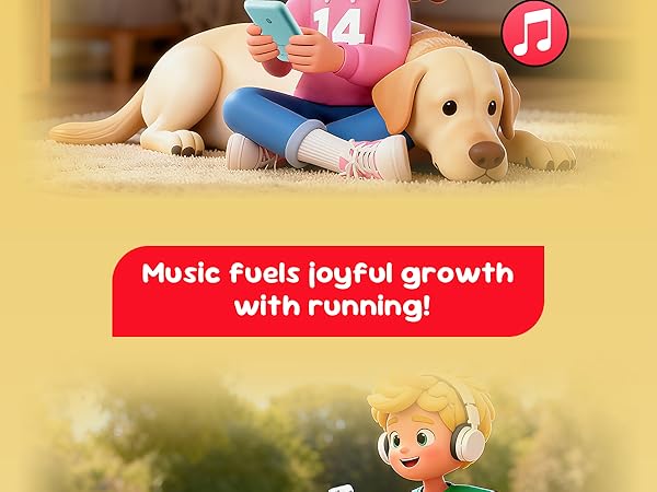A girl enjoying music with mp3 player, surrounded by Spotify, Music, and Apple Music icons.