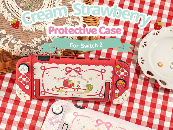 Text reads 'Cream Strawberry Protective Case For Switch 2'. Gaming accessory promotional image with red gingham pattern and strawberry designs.