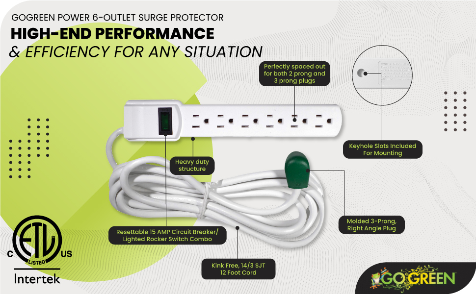 GoGreen Power GG-16103M-12 - 6 Outlet Surge Protector With 12ft Cord