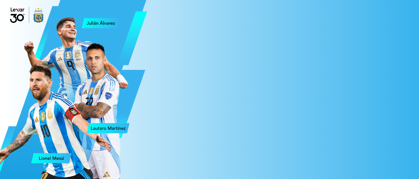 Advertisement banner showing soccer players in light blue and white striped uniforms, arranged in a dynamic collage layout against a blue background.