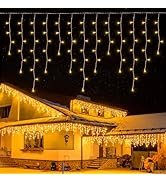 Qunlight 300L LED Icicle Lights, Warm White Window Curtain Light,8 Modes with 30V Plug in for Wed...