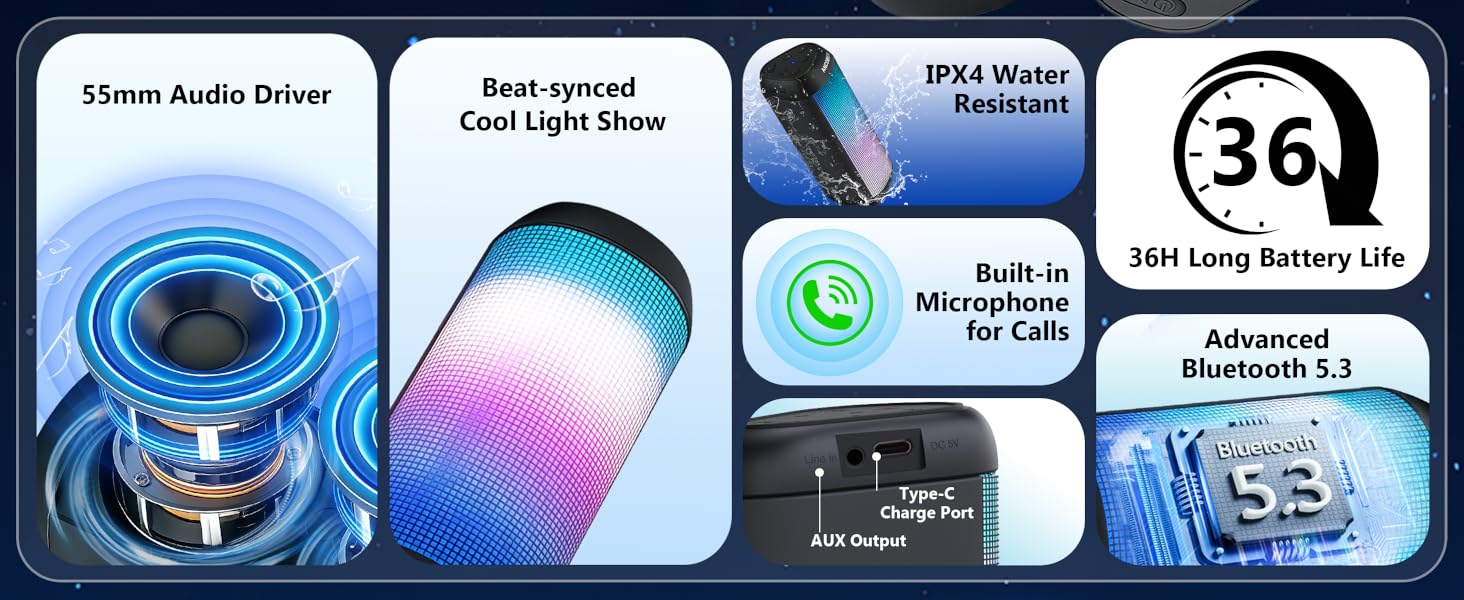 Big audio driver with clear stereo loud sound, BT5.3, IPX4, LED light, with mic calling, 36H