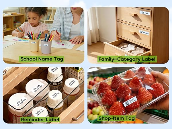 Text reads 'School Name Tag', 'Family-Category Label', 'Reminder Label', 'Shop-Item Tag'. Composite image showing four different organizational labels in use.