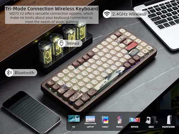 75% Wireless Mechanical Keyboard with QMK/VIA, WD75 V2 Retro Creamy Gaming Keyboard