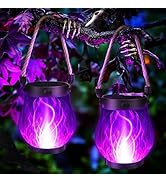 Jyoiat Halloween Solar Flame Lantern Hanging Outdoor Waterproof - 2 Pack Flame Lanterns with Dual...