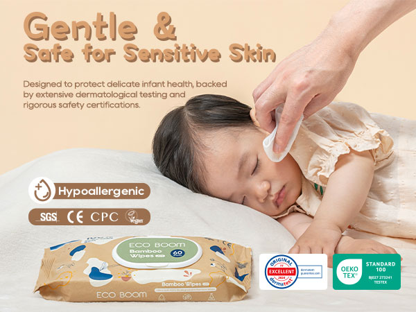 Dermatologist tested baby wipes to protect sensitive newborn skin from eczema and diaper rash.