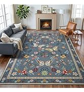 FALARK 5x7 Area Rugs for Living Room Bedroom, Washable Butterfly Floral Insect Print Rug, Soft Ul...