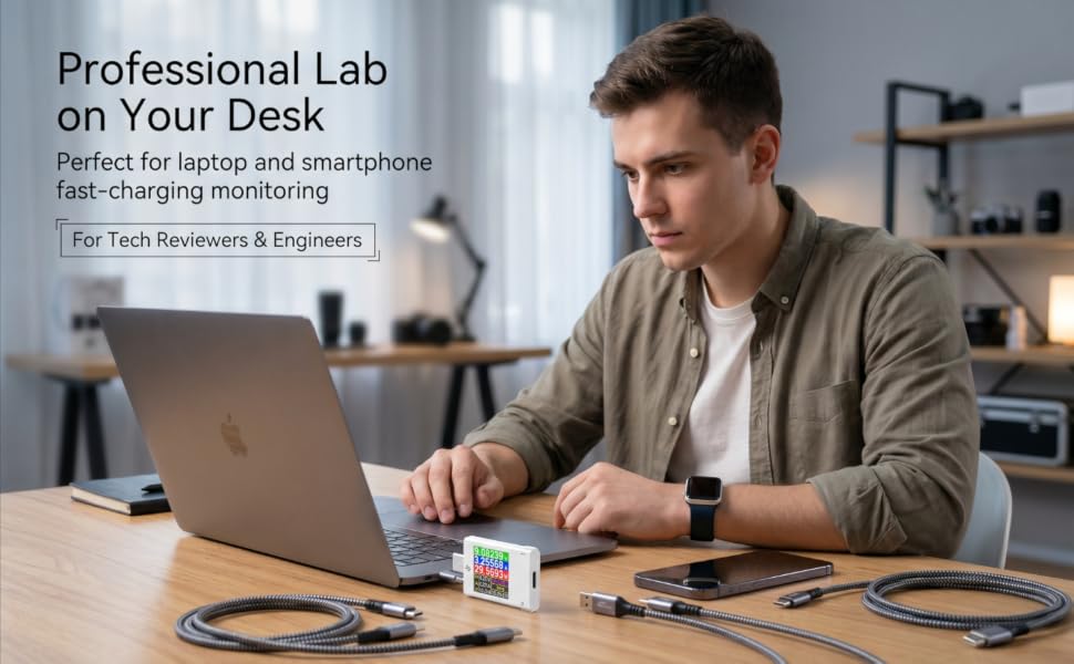Prefessional lab on your desk, perfect for laptop and smartphone fast charging monitoring