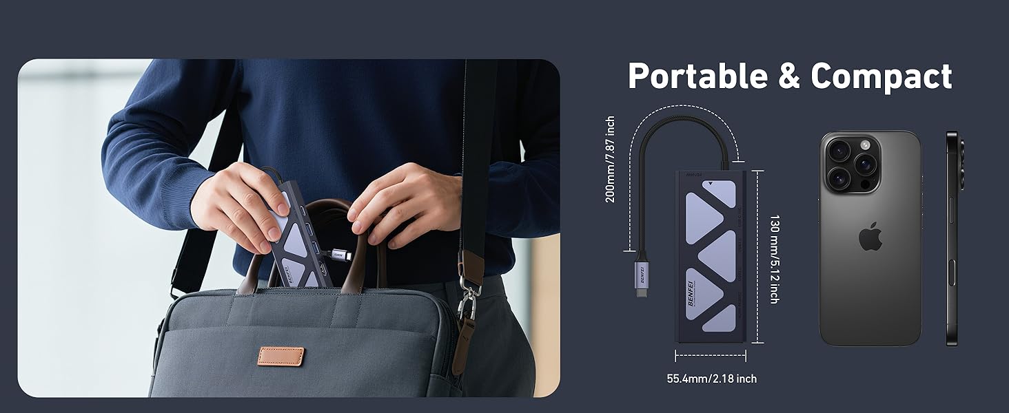 Text reads 'Portable &amp; Compact'. Multiple product shots showing what appears to be a mobile device or accessory with various usage scenarios.