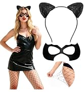 Voiiake Black Cat Ears Headband, Woman Mask &amp; Fishnet Stockings Set - Cat Costume Outfit Woman Ad...
