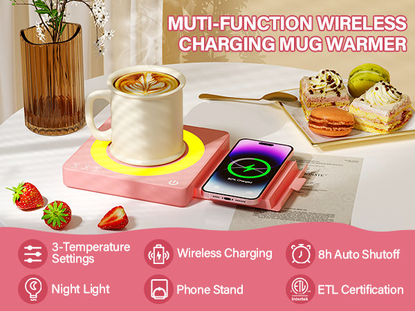 mug wamer with wireless charging, 3 temperature settings, 8 hour auto shutoff, ETL certification