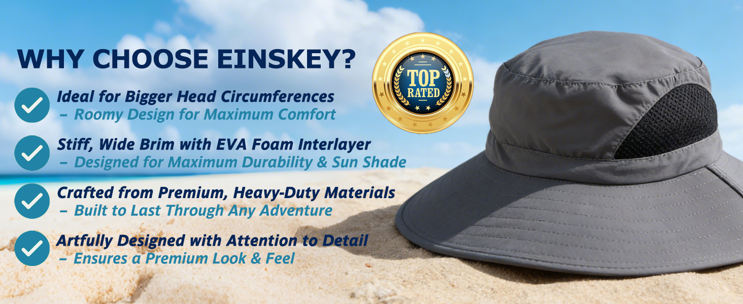EINSKEY Premium Hat: roomy, EVA brim, heavy-duty, UPF 50+.