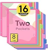 Taja 16 Count Dividers for 3 Ring Binder with Two Pockets, 8 Tabs Set, Plastic Binder Index Divid...