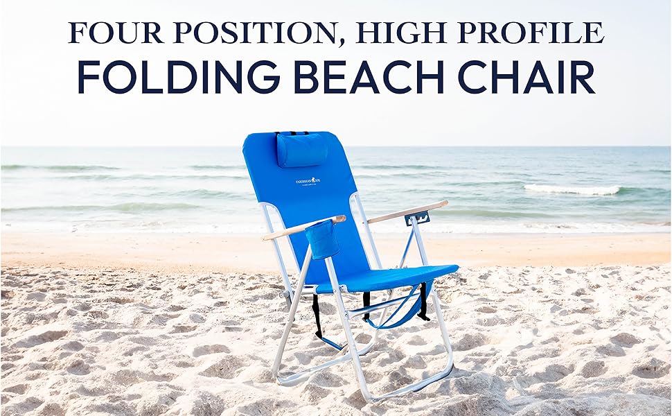beach chair on beach with description. Four position high profile