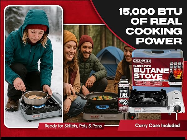 15,000 BTU Portable Butane Camping Stove COMBO with 4 x 8oz. Butane Fuel Canister