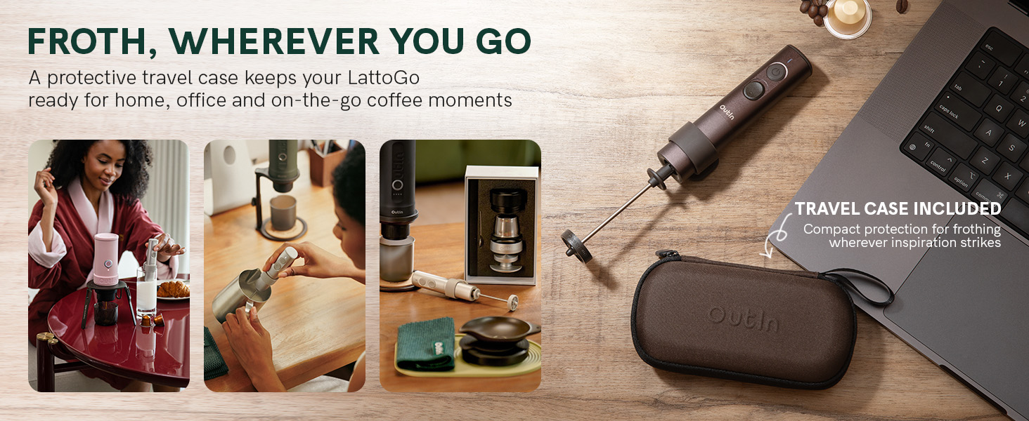 Text reads "FROTH, WHEREVER YOU GO" and "TRAVEL CASE INCLUDED." Composite product image showing beauty/fragrance items, coffee setup, leather travel case, and various lifestyle accessories arranged on neutral background.