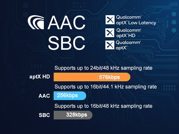Text reads 'AAC', 'SBC' with technical specifications showing 'Supports up to 24bit/48 kHz sampling rate'. Audio codec interface display with technical parameters.