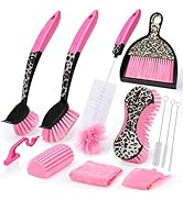 12PCS Scrub Brush Set, Leopard Print Dish Brush with Handle, Pink Kitchen Brush with Bottle Water...