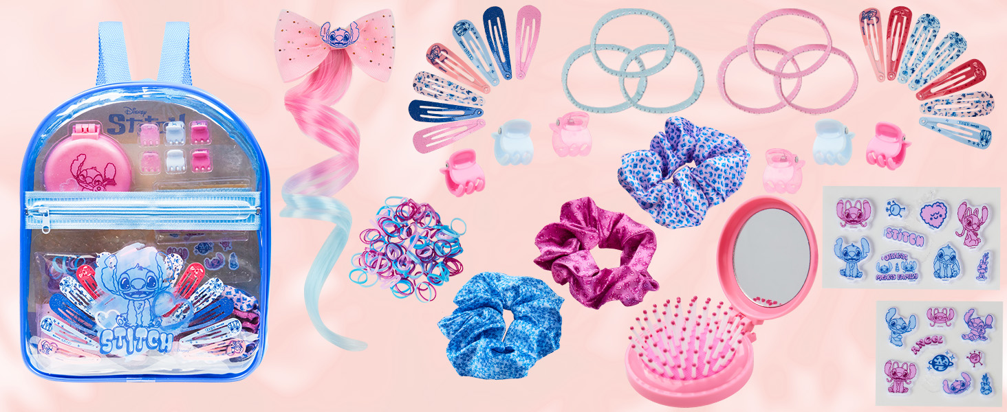Collection of pink and blue hair accessories including a clear backpack-style storage case, scrunchies, hair clips, and decorative pins against a pink watercolor background.